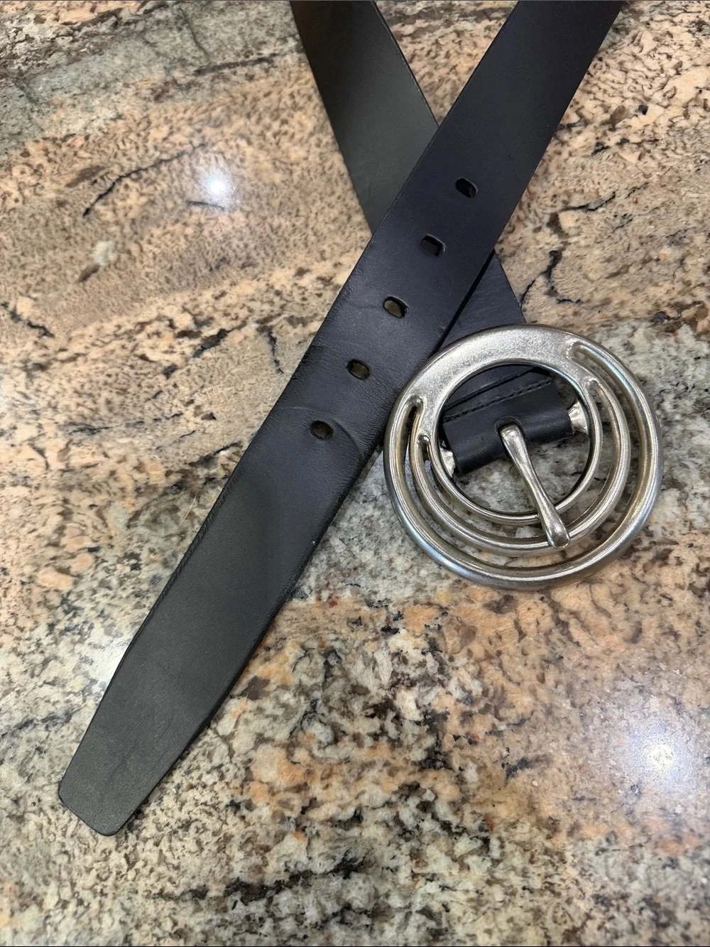 Silpada Black Leather Belt with Double Silver Ring Buckle